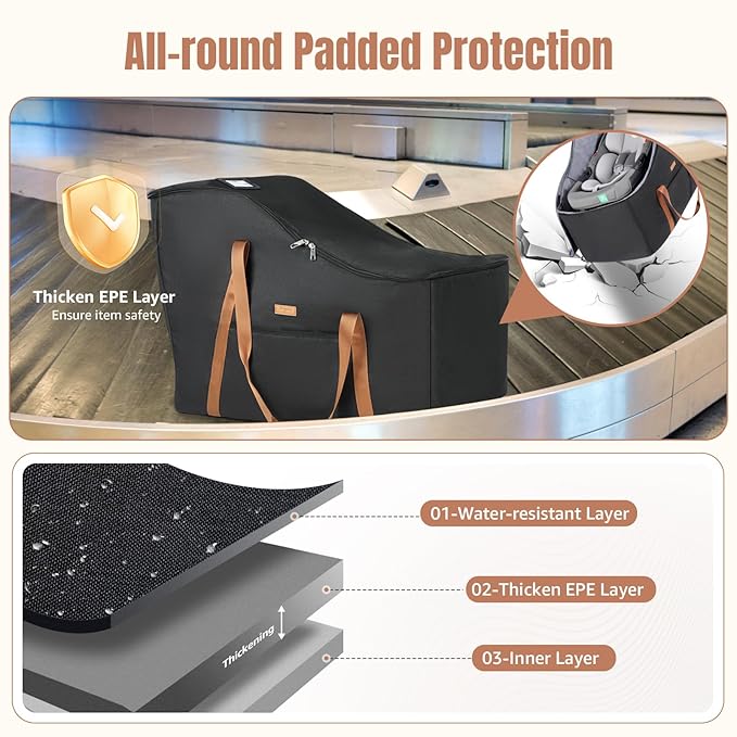 Infant Car Seat Travel Bag with Wheels Fits Chicco KeyFit 35, Doona Car Seat Stroller Base, Nuna Pipa, Padded Car Seat Bags for Airplane, Gate Check Bag, Removable Cover for Air Travel,Black-L