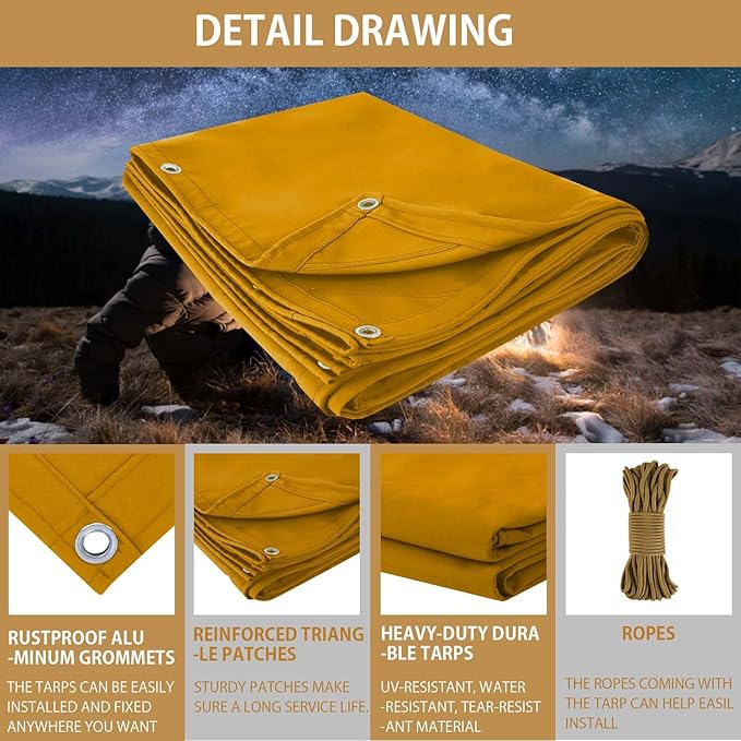 FoundGo 16x20ft Canvas Tarp 22 Mil Tarps 14 oz Canvas Tarpaulin Heavy Duty Cloth Water/UV Resistant Cover with Rustproof Grommets & Ropes for Cars,Roofs,Boats,Camps,Sunshades，Moisture Barrier -Tan