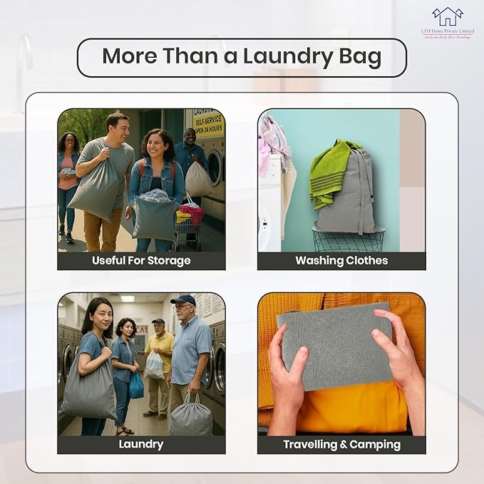 LFH Home Cotton Canvas Large Laundry Bag with Handle, Heavy Duty Drawstring Closure Washable Laundry Bags, School Travel, Home, Hotel, College Dorm, Organizer Sack, Toys Clothes 24x36 (Pack of 2)-Grey