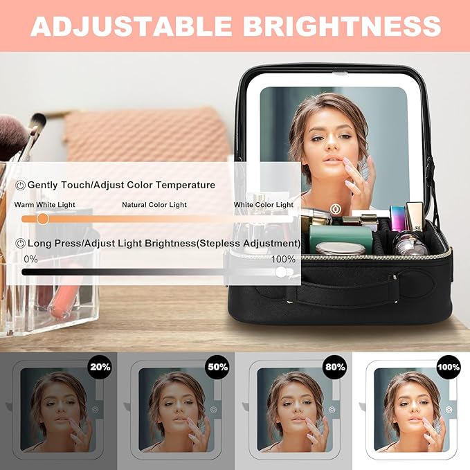 Mocado Travel Makeup Bag with LED Lighted Mirror,Travel Makeup Organizer,Makeup Case with 3 Color Lighted Setting and 10x Magnifying Mirror,Portable Storage and Adjustable Dividers Makeup Box(Black)