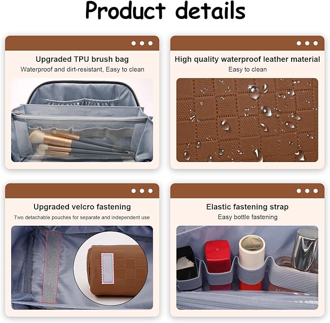Travel Makeup Bag Organizer Cosmetic Bag: 3 Pcs Set Make up Bags for Women with Handle - Waterproof Vegan Leather Toiletry Bags with Comparments (C-03-Brown)