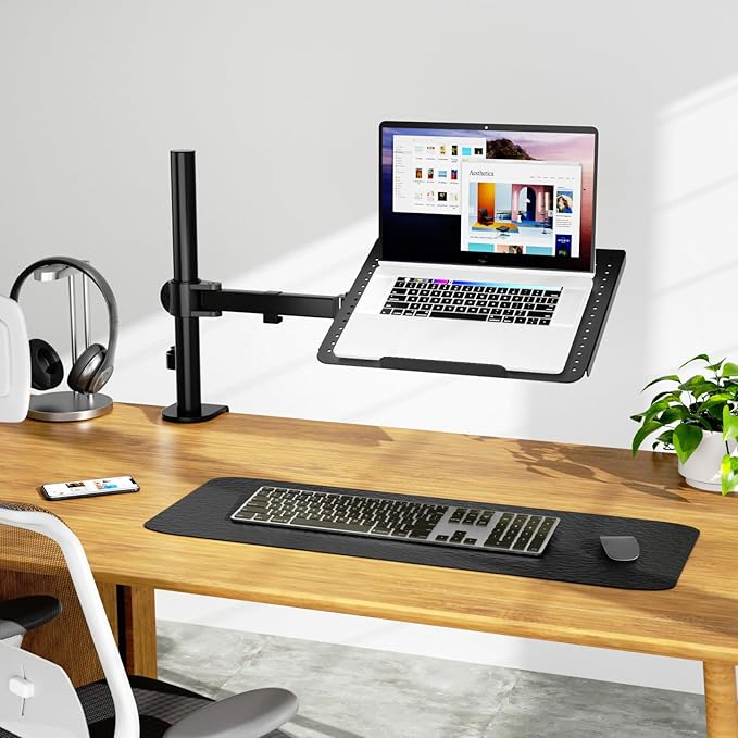 WALI Laptop Tray Desk Mount for 17inch Notebook, Fully Adjustable Laptop Arm up to 22lbs, Monitor Mount with Vented Cooling Platform Stand (M00LP), Black