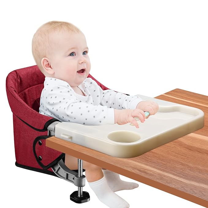 Hook-On High Chair with Removable Dining Tray, Folding Portable Clip-On Table, Baby Chair with Storage Bag for Indoor/Outdoor (Red)