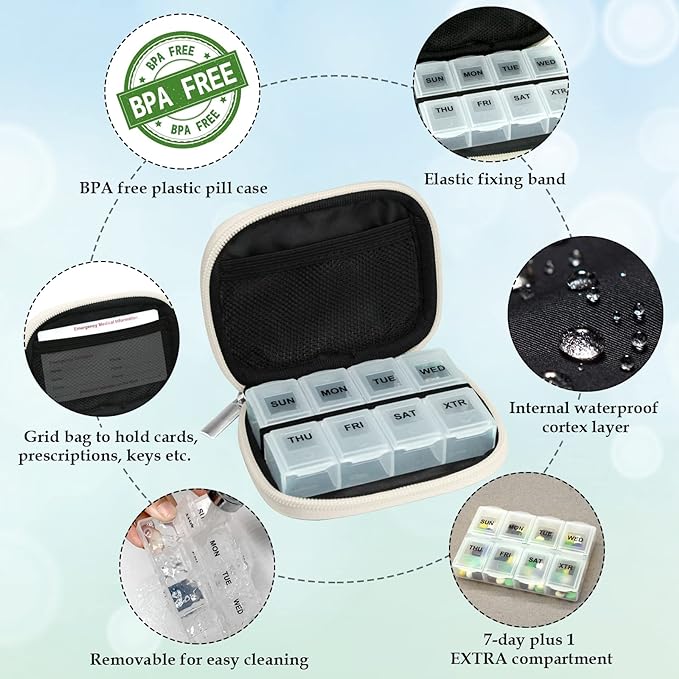 Serfeymi Weekly Travel Pill Organizer Case for Purse with Removable 7 Day Pill Box, Fashionable Pill Container for Medicine, Vitamin, Supplement - Bloom 01