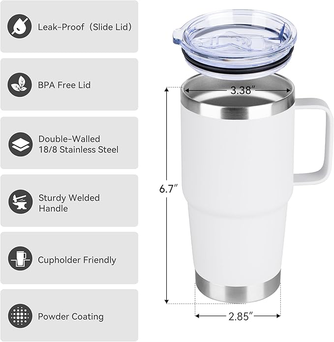 HASLE OUTFITTERS 20oz Tumbler Bulk with Lid, Stainless Steel Tumbler Bulk with Handle, Metal Insulated Travel Coffee Mug Set with Handle, Double Wall Vacuum Leak Proof Tumbler Cup, White 6 Pack