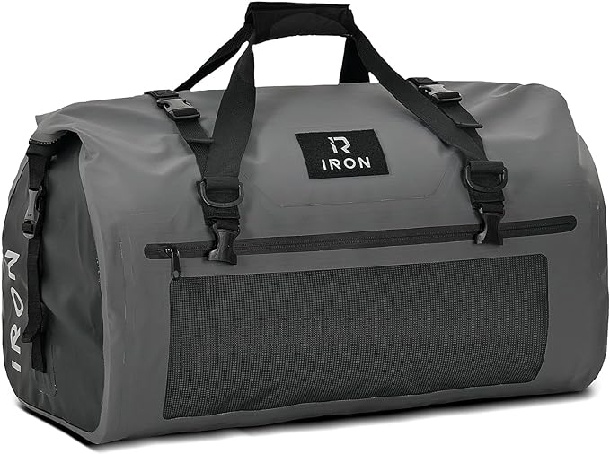 IRON JIA'S Motorcycle Dry Bag - Waterproof Duffle & Luggage Tail Bag Saddle Bags with Roll Top Closure, Shoulder Straps, Inner Pocket and Mesh Pocket (Grey, 30L)