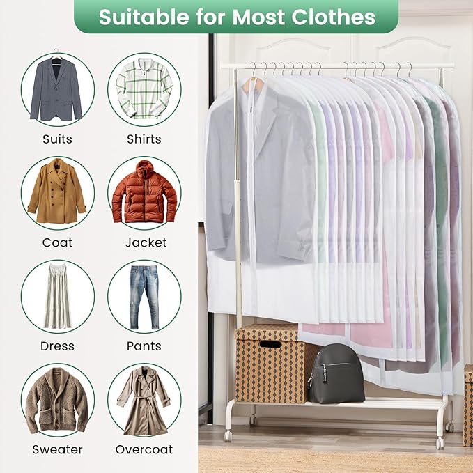 10 Pack Translucent Garment Bags for Hanging Clothes - Frosted Clothes Storage Bags for Suits, Shirts, Dresses, Closet Storage, Travel - 24" x 40"/47"/55"