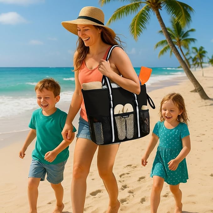 Beach Bag with Zipper - 8 Pockets Sandproof Beach Tote Bag for Women,Foldable Lightweight Family Swim Bag Vacation