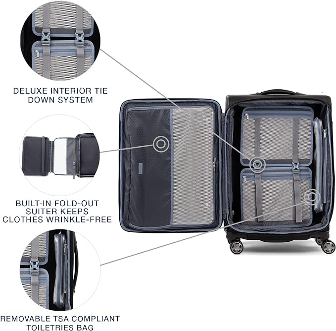 Travelpro Platinum Elite Softside Expandable Checked Luggage, 8 Wheel Spinner Suitcase, TSA Lock, Men and Women, Shadow Black, Checked Medium 25-Inch