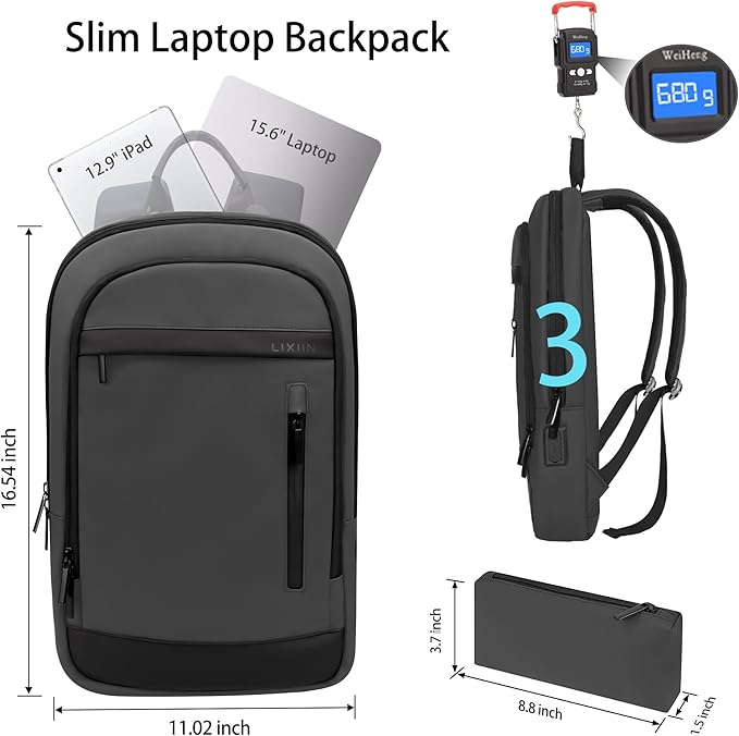 Business Backpack for Men Lightweight Commute Laptop Backpack Anti-Theft Water Resistant Backpack for 15.6 Inch Computer for Daily Office Work with Small Bag (Grey)