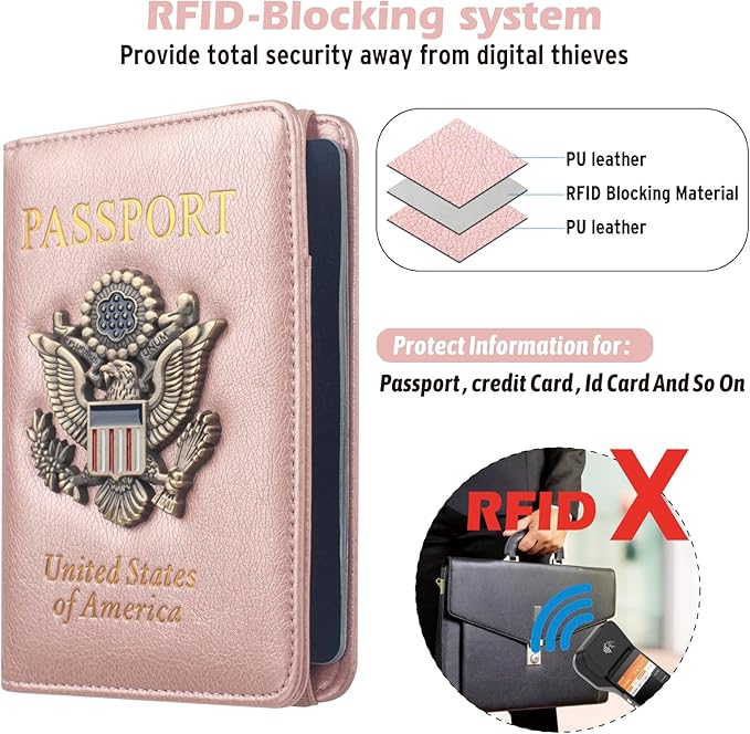 Coowayze US Passport Holder Wallet for Travel Men Women RFID Blocking Passport Cover Case, Waterproof Pink Leather Passport Book Protector with Vaccine Card Slot Travel Document Organizer