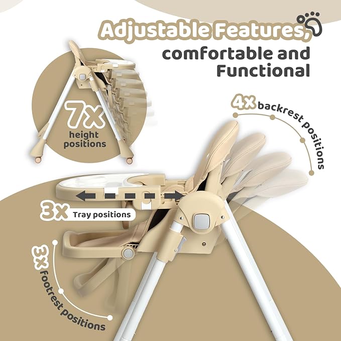 JOYMOR Foldable Baby High Chair, 4 in 1 Convertible Highchair for Eating, Height Adjustble and Multiple Recline, Compact Foldable Design for Easy Storage (Beige)