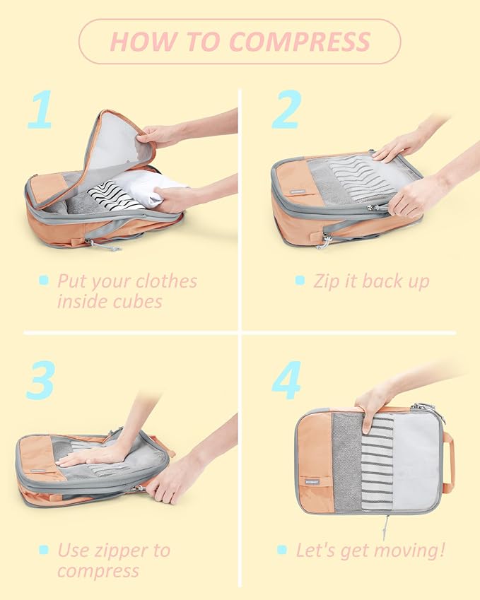BAGSMART 6 Set Compression Packing Cubes - Lightweight Travel Essentials, Durable Luggage Organizer