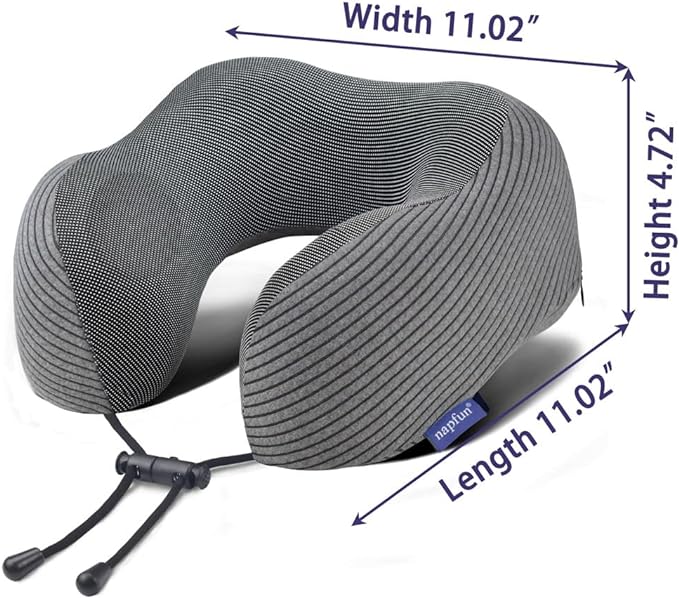 napfun Travel Pillow, 100% Pure Memory Foam Neck Pillows for Travel Airplane Headrest Flight Plane Accessories, Deep Grey, Medium (120-200LB)