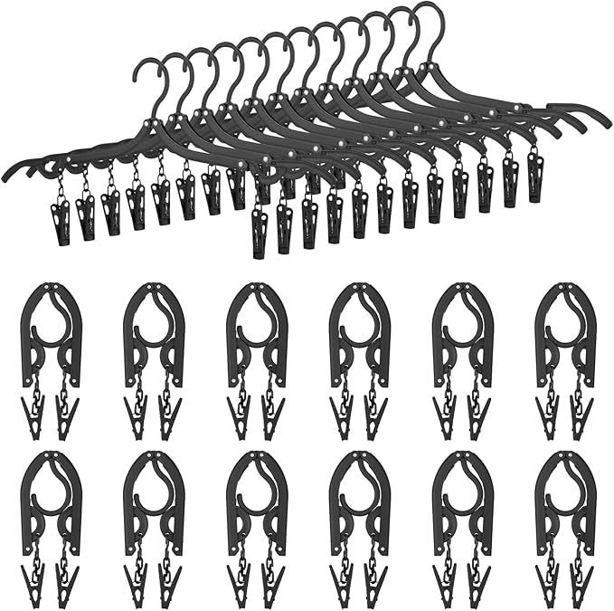 Maitys 24 Pieces Folding Travel Hangers Foldable with Clips Portable Collapsible Coat Hanger Travel Drying Rack for Clothes (Black)