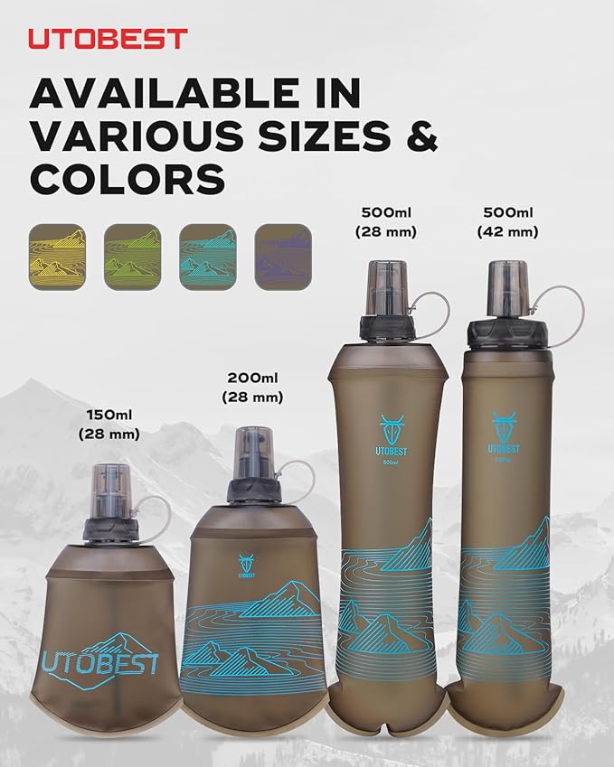 UTOBEST 200ml Soft Flask, 2 Pack Flexible TPU Hydration Water Bottle, Collapsible with 28mm Caliber for Running, Hiking, Cycling, Climbing, and Marathon Blue