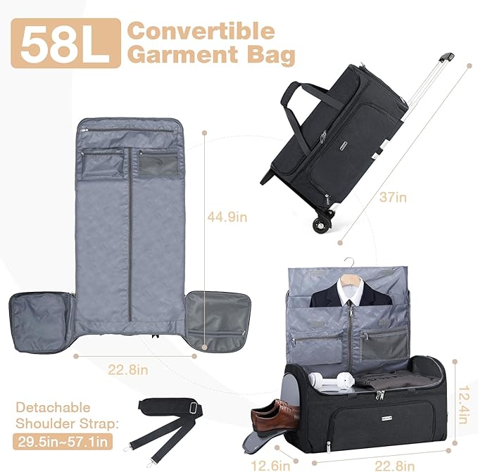 Garment Bags with Wheels, Garment Convertible Weekender Bags, Large Carry On Garment Bags for Travel, Duffle Bag Garment Bag (Black, Large)
