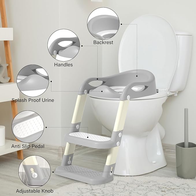 Potty Training Seat with Step Stool Ladder, Adjustable Foldable Potty Seat for Toilet with Anti-Slip Pads Ladder for Kids Boys Girls Toddlers - Grey