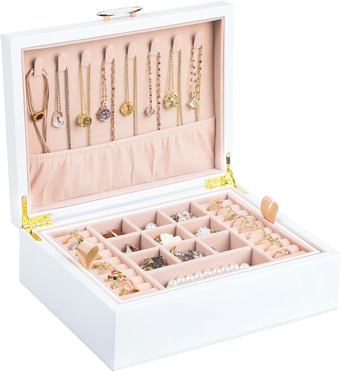 Small Jewelry Organizer for Women, 2-Layer Travel Jewelry Box with Portable Case, Necklace Ring Storage for Dresser, Girls Teens Gifts (White)