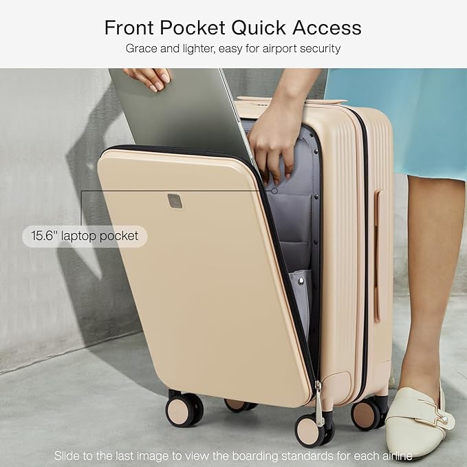 Hanke Grace Carry On Luggage with Wheels Airline Approved Hard Shell Suitcases with Front Pocket，Top Opening Luggage with TSA Lock for Short Business Travel， Cuban Sand.
