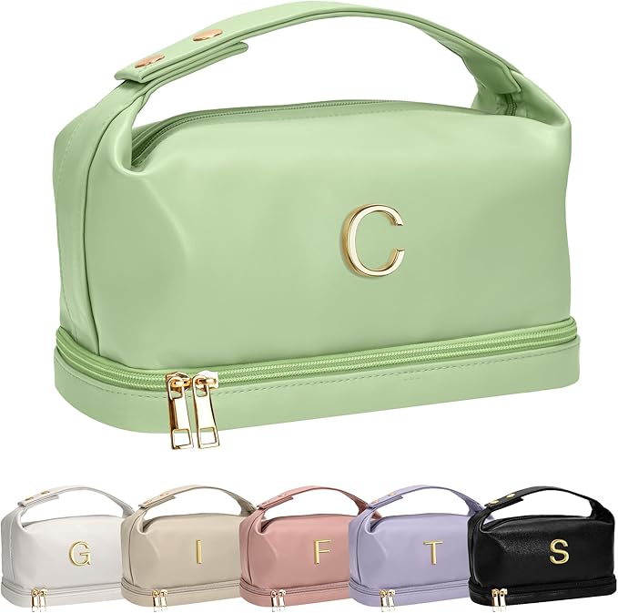 Gifts for 9 10 11 12 13 14 15 16 17 18 19 Year Old Girls, Travel Makeup Bag with Handle, Initial Double Layer Cosmetic Bag with Makeup Brush Organizer, Gifts for Friends Female Mom