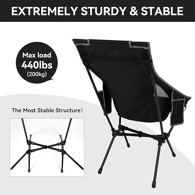 Portable High Back Camping Chair, Support Heavy Duty 440 lbs, Lightweight Folding Chair with Adjustable Pillow for Hiking, Beach, Backpacking