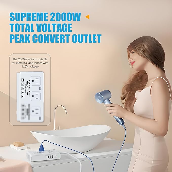 220v to 110v Voltage Converter Adapter: International US to Europe Travel Power Strip Plug Transformer - 2000W Electric Hair Dryer Step Down Outlet Converters for US European UK EU Italy