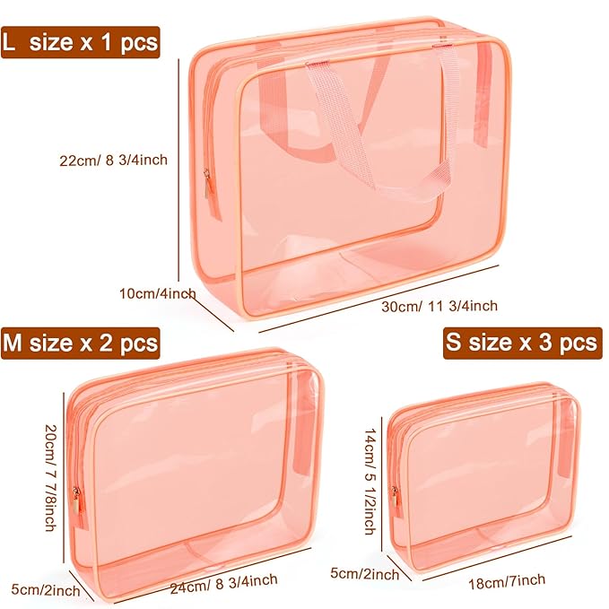 APREUTY Clear Makeup Bags, TSA Approved 6 Pcs Cosmetic Makeup Bags Set Clear PVC with Zipper Handle Portable Travel Luggage Pouch Airport Airline Vacation Organization (Peach)
