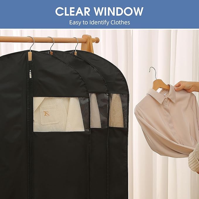 Suit Bags for Closet Storage, 43'' Garment Bags for Hanging Clothes, Suit Garment Bag, Black Suit Cover Bags with Clear Window for Coats, Jackets, Shirts（5 Packs）