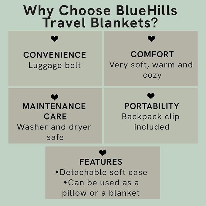 BlueHills Travel Blanket Pillow Premium Soft Plush for Airplane Travel Size Blanket Throw Long Flight Essentials in Compact Bag Plane Portable Lightweight Purple T021
