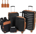 5-Piece Lightweight Luggage with Backpack Sets, ABS+PC Hard Shell Suitcase with TSA Lock & YKK Zipper (Black Brown, 20in/24in/28in/BP/TB)