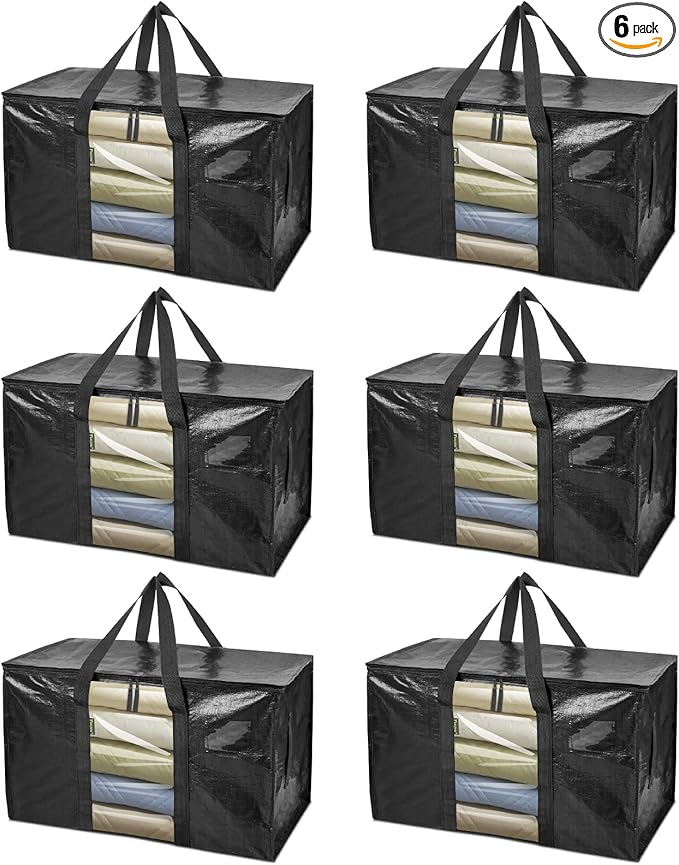 BALEINE 6-Pack Oversized Moving Bags with Reinforced Handles, Heavy-Duty Storage Tote Moving Supplies for Packaging, Camping (Black w/Window, 6-Pack)