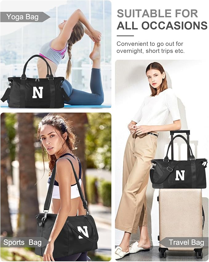Initial Travel Duffel Bag Sports Gym Bag for Boys Teen Birthday Gifts,Black Personalized Weekender Bag Carry On Tote Bags for Men,Waterproof Overnight Luggage Bag Airplane Travel Essentials(Letter N)