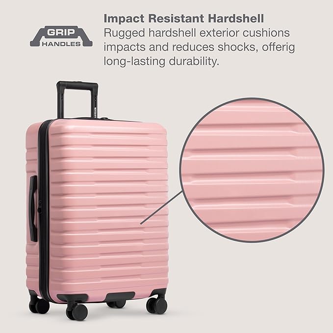 U.S. Traveler Boren Polycarbonate Hardside Rugged Travel Suitcase Luggage with 8 Spinner Wheels, Aluminum Handle, Pink, 3-Piece Set, USB Port in Carry-On