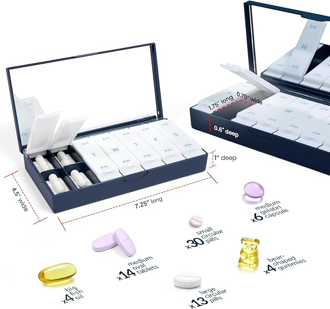 PORT X POLISH Designer Weekly Pill Box Organizer (Single 1X Daily, Classic Black) | Compact, Stylish 7-Day Vitamin Supplement Case | Cute Portable Mini Travel Medicine Carrier | BPA-Free Pillbox Caddy
