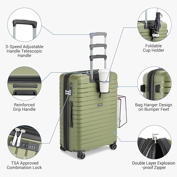 Kono 20 Inch Expandable Carry On Luggage with Spinner Wheels, Durable Hardside Luggage with Hidden Cup Holder, Lightweight Hard Shell Carry On Suitcase Airline Approved with TSA Lock(Green)
