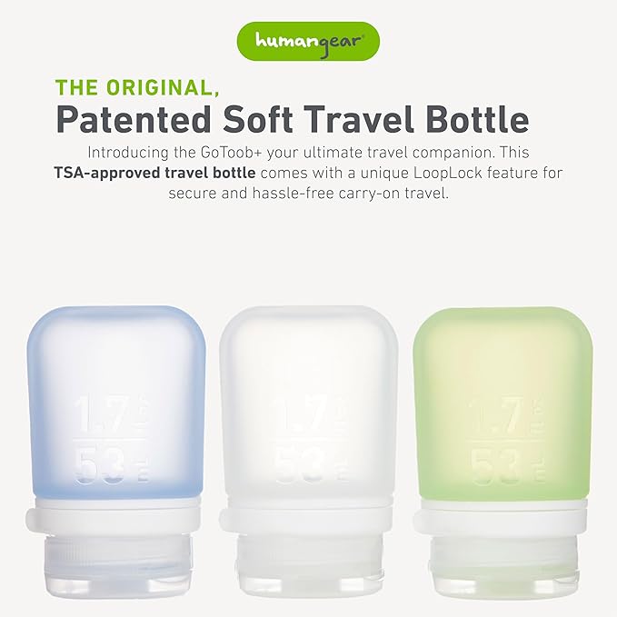 humangear GoToob+ 3-Pack (Small) | Refillable Silicone Travel Bottle | Locking Lid | Food-Safe Material, Clear/Green/Blue, Small (1.7 fl.oz; 53ml)