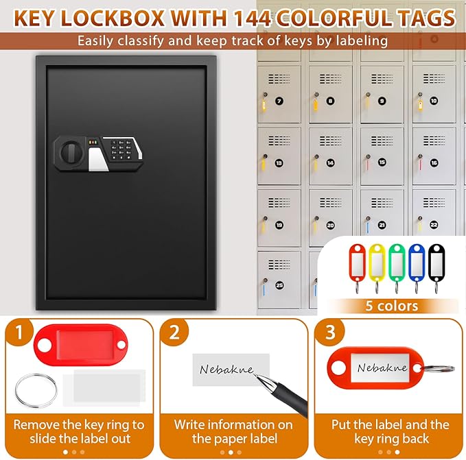 144 Keys Fireproof Cabinet Safe With Adjustable Hook Plates and Tags, Anti-Theft Lock Box Wall Mount With Combination Lock, Organizer for Home Office Garage