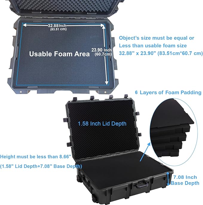 Waterproof Hard Case, 38.5x 29.5 x 11 Inch Rolling Hard Case, Equipment Roller with Wheels,Customizable Foam, for cameras, Camcorder,Drone,Gear, tool,IP67, Inner 32.88" x 23.90" x 8.66"