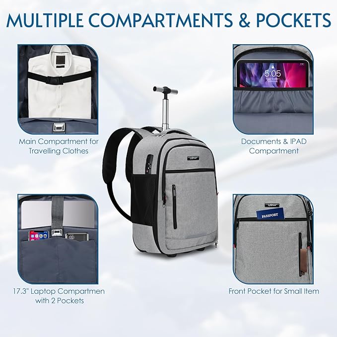 lychee Concealable Rolling Backpack-Adult Business Laptop Backpack with Wheels-20 inch Invisible Shoulder Strap Waterproof Backpack with Roller-Suitcase Travel Bag,Grey