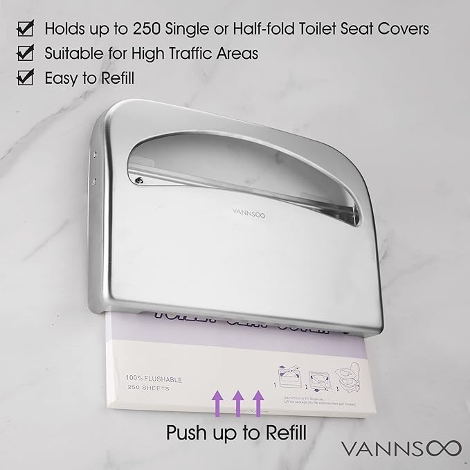 Toilet Seat Cover Dispenser - Stainless Steel Wall Mount Toilet Seat Cover Holder for Commercial Bathroom, 250 Single or Half Fold Seat Covers Capacity (Brushed)