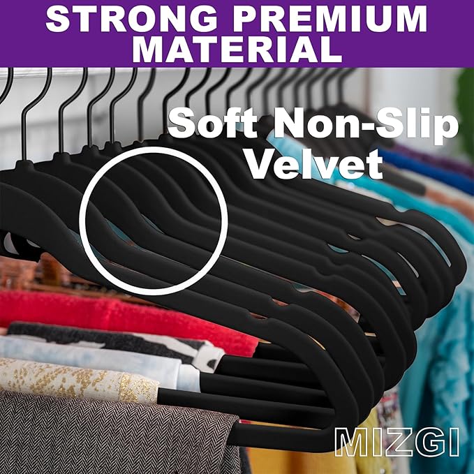 MIZGI Premium All Black Velvet Hangers with Black Hooks (30 Pack) Heavy Duty - Non Slip Felt Hangers - 360 Degree Swivel,Space Saving Clothes Hanger,Durable Strong Hanger for Suits,Coat