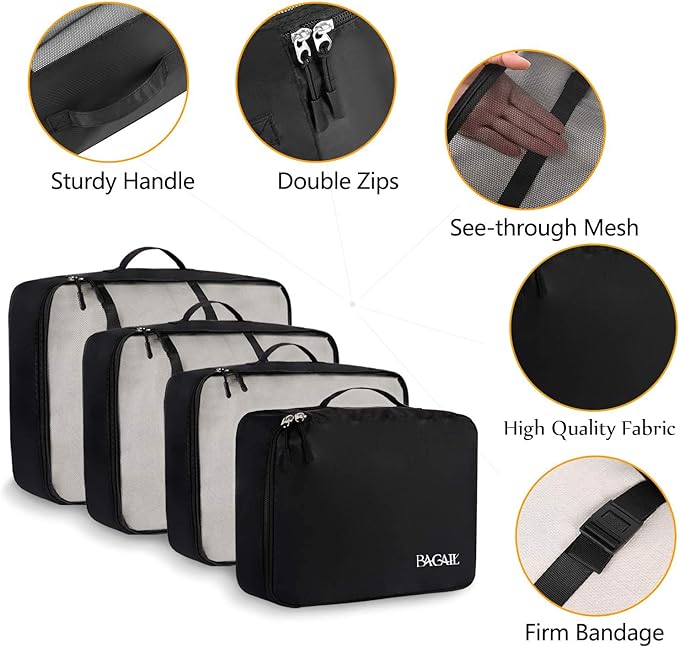 BAGAIL 8 Set Packing Cubes Luggage Packing Organizers for Travel Accessories-Jet Black