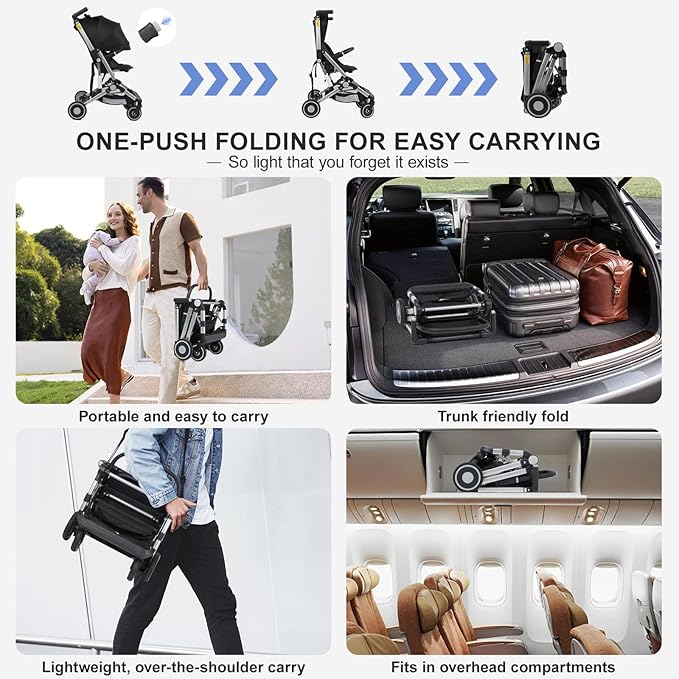 Travel Stroller for Airplane Ultra Compact Umbrella Stroller One-Handed Folding Design Overhead Friendly Lightweight Aluminum Alloy Frame
