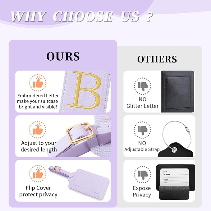 Personalized Initial Luggage Tags for Suitcase, Purple Leather Cute Luggage Tags with Privacy Cover Name Card, Embroidered Custom Monogrammed Luggage Tag Travel Backpack Tags Gifts for Women Kids(B)