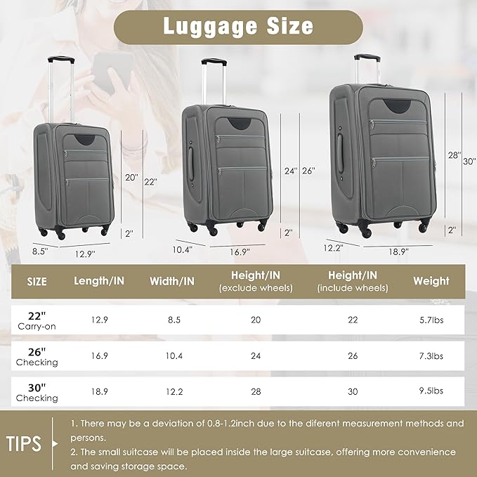 Merax Softside Luggage Set Softshell Lightweight 3 Piece Spinner Suitcase with Duffel Bag Expandable Upright Travel Luggage 22" 26" 30",Grey