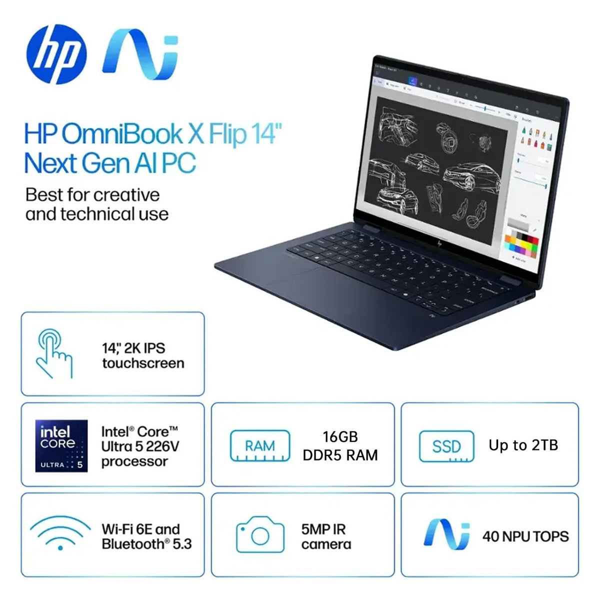 HP OmniBook X Flip 14 2-in-1 Touchscreen Laptop, Intel Core Ultra 5 226V