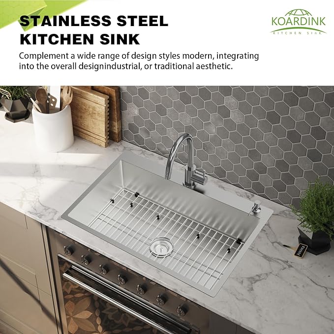 Stainless Steel Drop In 33x22 Inch Kitchen Sink - Modern Large Single Bowl Topmount Kitchen Sink Come With SS Grid,Silicon Mat,Drain Strainer Set Compatibility With Various Kitchen Styles
