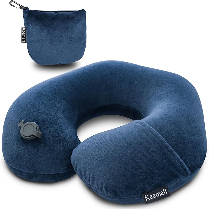 Travel Neck Pillow for Airplane, Compact Inflatable Neck Pillow for Traveling Long Flights, Adjust Firmness Neck Suport Pillow for Sleeping Plane Head Rest for Travel Accessories,Deep Blue