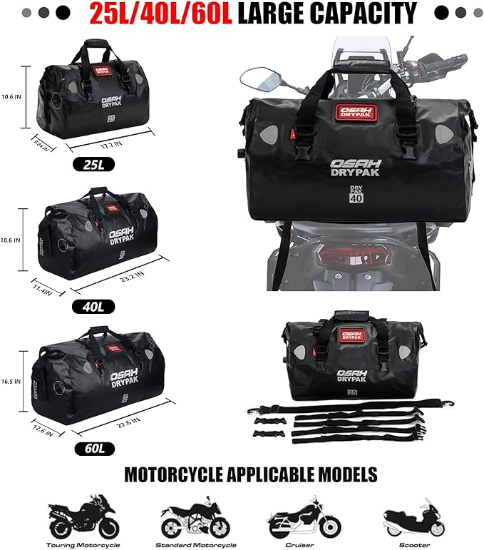 Waterproof Duffel& Luggage Bag - Motorcycle Dry Bag Tail Saddle Bags with Roll Top Closure,Large Storage Space,for Camping, Kayaking, Fishing & Traveling(SkyBlack, 25L)